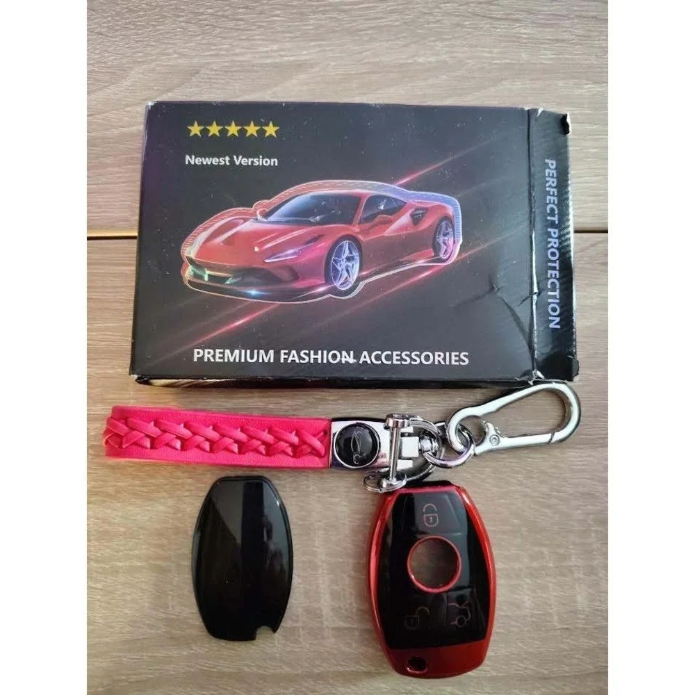 Premium Fashion Accessories Red Car Key Fob Case Cover and Keychain Set